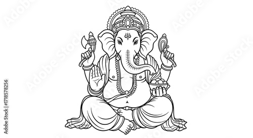 Black and white line drawing of Hindu deity Ganesha, seated in meditation pose, adorned with elaborate headwear and symbols.