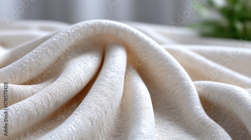 Light Beige Fabric Texture Background with Soft Folds and Subtle Shimmering Effect Close Up