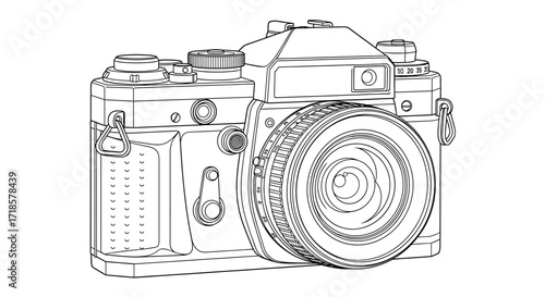Line drawing of a classic 35mm film camera, showcasing its detailed mechanical components.