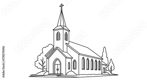 Line art illustration of a church building with a steeple, cross, arched doorway, and trees.