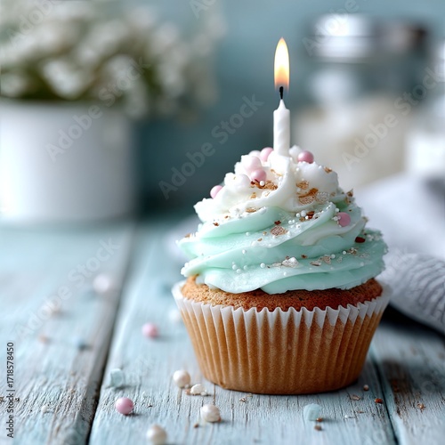 Light Blue Frosted Cupcake with Lit Candle on Wooden Table Birthday Celebration