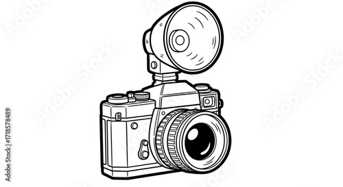 Vintage 35mm camera with attached flash, meticulously drawn in black and white line art.