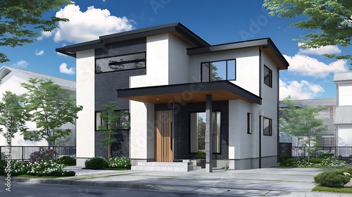 Wallpaper Mural Modern Two-story House with Black Accents / 黒いアクセントのあるモダンな二階建ての家 Torontodigital.ca