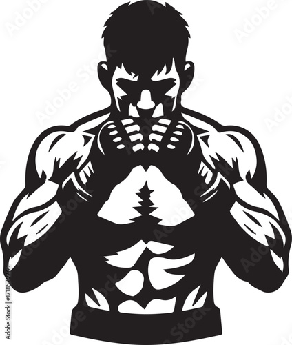 **Warrior's Stance: A Black and White Boxer or MMA Fighter Ready for Battle, Focused and Flexing Muscle.**