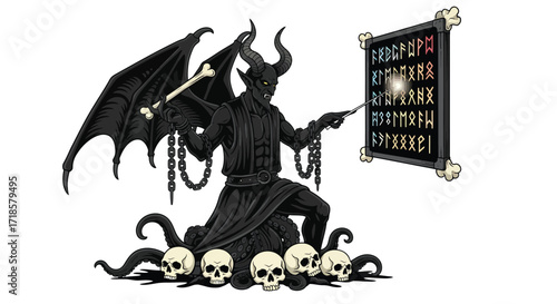Horned Demon Teaching Runes with Bone Pointer on Skull and Tentacle Throne.