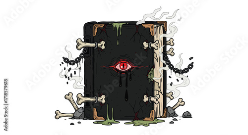 Mystical Grimoire with a Glowing Red Eye Chained and BoneAdorned.