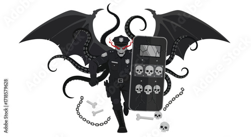 Grim Police Officer with Cthulhu Tentacles and Bat Wings.