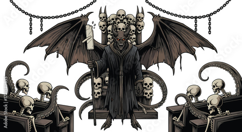 Horned Demon Enthroned on Skull Chair with Winged Back and Skeleton Audience.