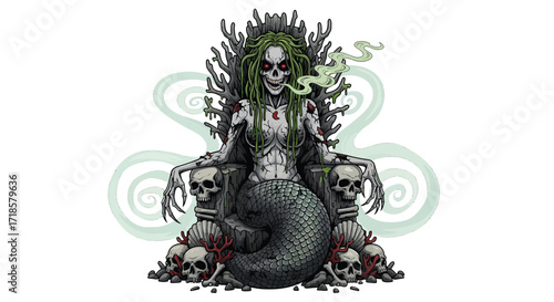 Undead Mermaid Queen on a Skull Throne with Green Smoke and Red Eyes.