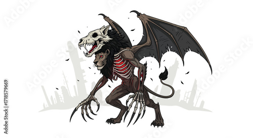 Lionheaded Demon with Winged Back and Bone Skull Standing in Ruins.