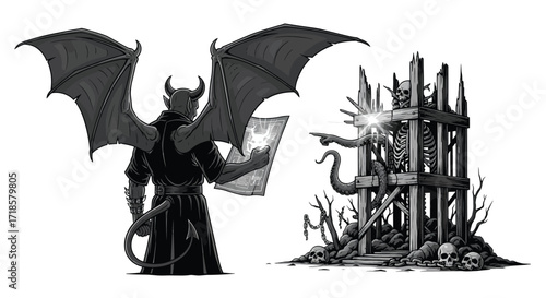 Winged Devil Architect Inspecting a Skeleton Imprisoned in a Wooden Cage.