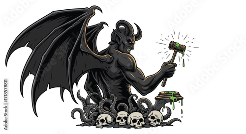 Demonic Judge with Gavel and Tentacles Amidst Skulls.