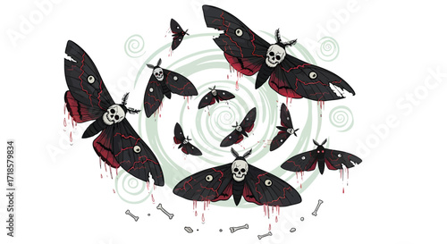 Spooky SkullFaced Moths with Red Veins and Dripping Blood Artistic Design.
