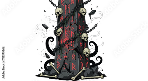 Chained RuneInscribed Stone Pillar with Skulls and Bones.