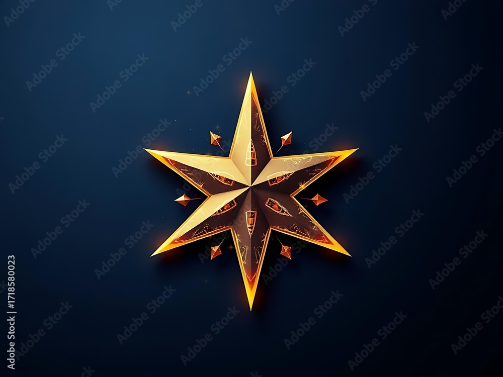 Obraz premium Glowing golden star symbol on a deep navy background, premium festive abstract wallpaper concept for luxury celebration design, Christmas holiday decoration, and elegant glowing abstract style.