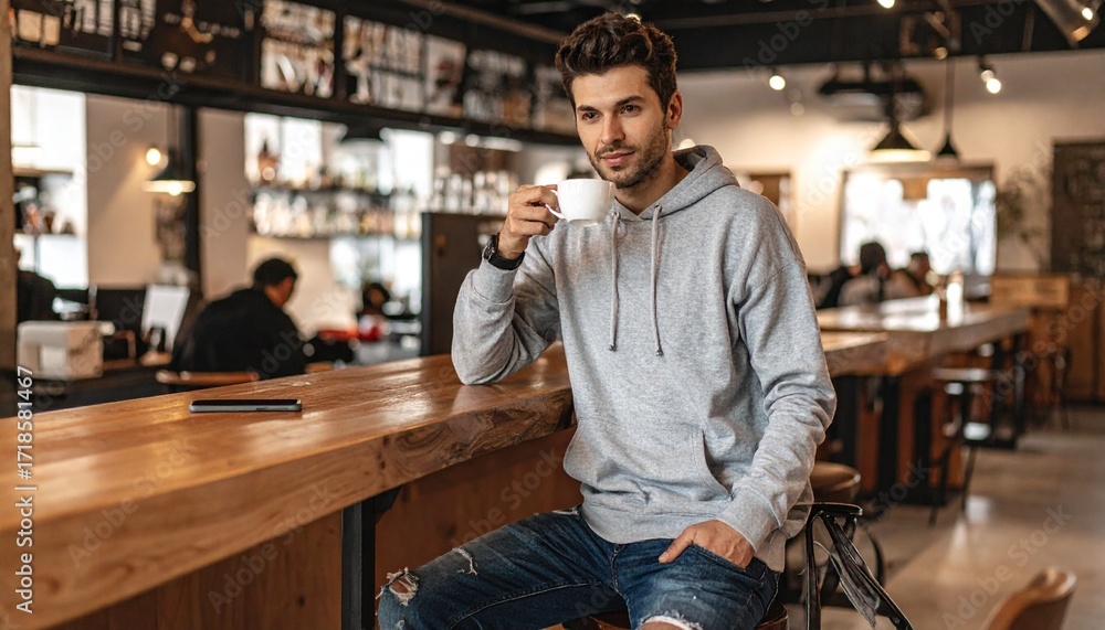 Obraz premium Comfortable male soft grey hoodie distressed jeans enjoying coffee local caf