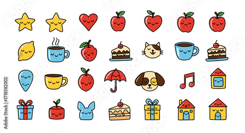 Colorful cartoon icons of food, pets, and objects