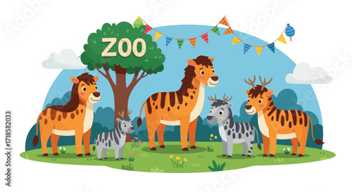 Cartoon animals at zoo with festive decorations