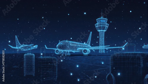 Dynamic digital blueprint of an airport with aircraft and luggage under a starry night sky, perfect for travel tech concepts