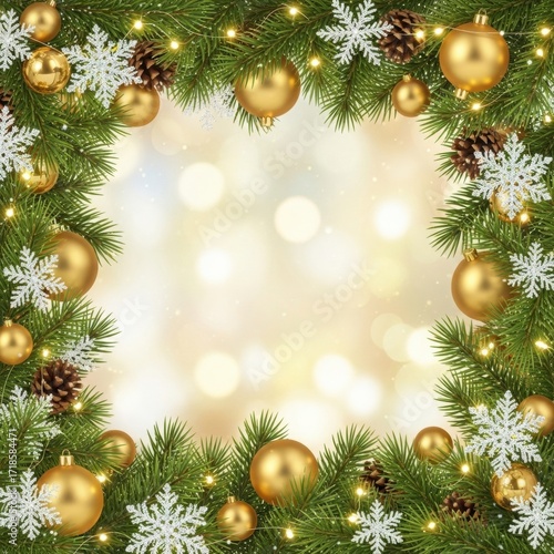 Christmas pine branches decorated with gold baubles, white snowflakes, pinecones, and string lights on a blurred light background. Concept: festive frame, holiday decor