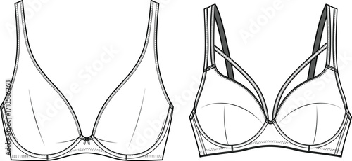 CAD drawing flat vector illustration of women’s bra lingerie fashion technical sketch, front and back view intimate clothing design template