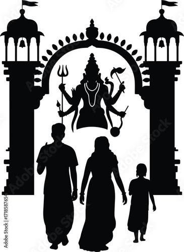 Silhouette vector illustration of Hindu family visiting temple with goddess idol under arch gate, traditional Indian culture, worship and devotion