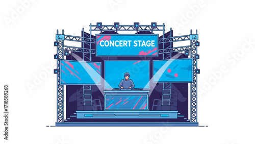 A vibrant illustration of a modern concert stage, complete with lighting rigs, screens, and a DJ at the console, capturing the energy of a live music performance