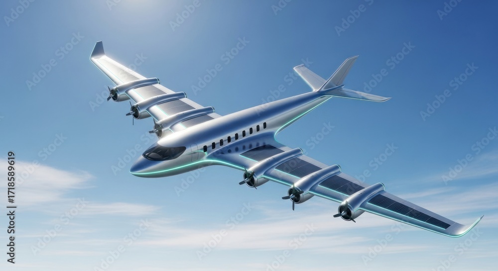 Obraz premium Futuristic Airplane with Multiple Engines Flying High in the Sky.