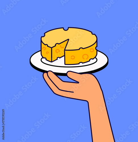 Hand holding plate with cheese wheel illustration vector hand drawn style