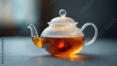 Clear glass teapot, steaming hot tea, glowing