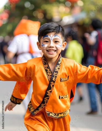 Happy child in traditional orange costume
