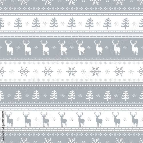 Christmas Sweater Pattern with Deer, Fir Trees, Snowflake. Seamless Striped Print. Christmas Background with Winter Elements. Merry Christmas, Happy New Year Design. Vector illustration in Gray, White