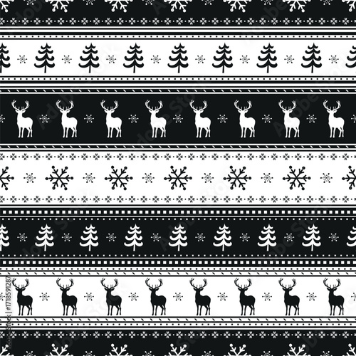 Christmas Sweater Pattern with Deer, Fir Trees, Snowflake. Seamless Striped Print. Christmas Background Winter Elements. Merry Christmas, Happy New Year Design. Vector illustration in Black, White