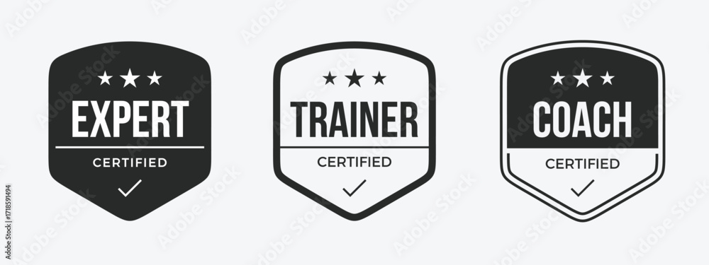 Fototapeta premium Certified badge design skills training. Expert, trainer, and coach certifications label.