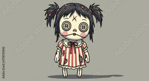 Whimsical yet eerie button-eyed rag doll illustration, a unique character perfect for creative projects with a touch of spooky charm