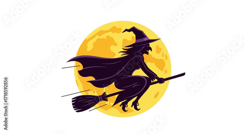 Eerie Flight Silhouette of a Witch Flying on Broomstick Against Moon