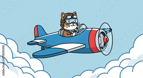 Clever Cat Aviator Soaring Through the Clouds in a Vintage Airplane, Adventure and Aviation Concept