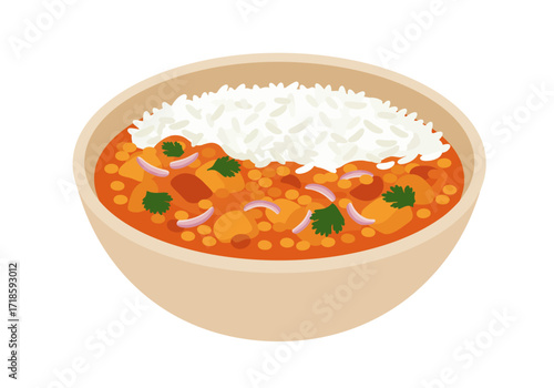 A bowl filled with curry and rice garnished with cilantro and onion slices