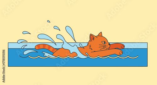 An orange cat swimming in blue water, splashing and enjoying the cool refreshing water during a summer day
