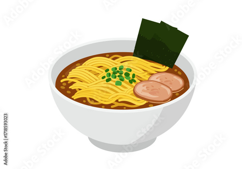 A bowl of ramen with noodles broth seaweed pork slices and chopped green onions