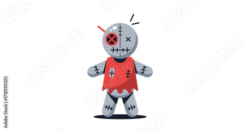 Creepy voodoo doll illustration with button eyes and red stitched clothing on a white background, a unique and spooky design