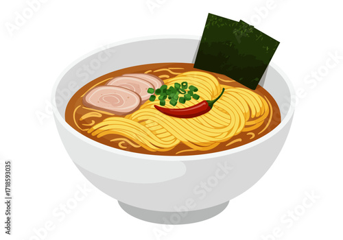 A bowl of ramen with noodles broth pork slices nori seaweed green onions and a red pepper