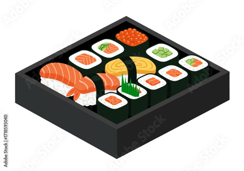 A box of sushi assortment including nigiri maki rolls  egg