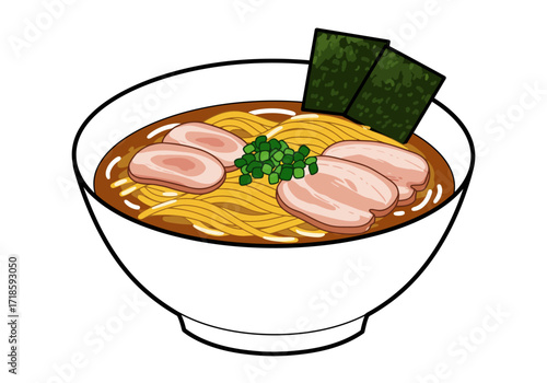 A bowl of ramen with noodles pork slices green onions and nori seaweed is depicted