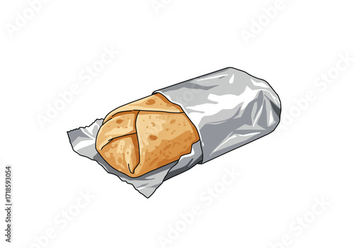 A burrito in silver foil wrapping is centered on a white background