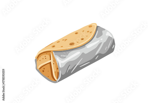 A burrito is wrapped in foil showing the tortilla at the ends and on top