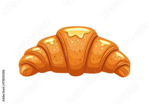 A cartoonstyle croissant goldenbrown with drips of butter on top is set against a plain white background