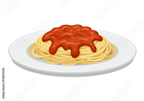A plate holds spaghetti topped with a generous portion of tomato sauce