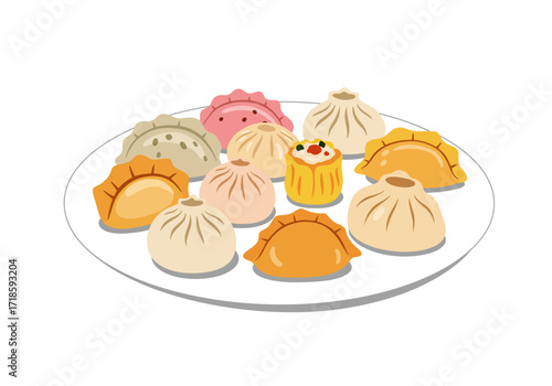A plate of colorful dumplings including xiao long bao potstickers and shumai