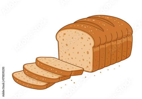 A loaf of sliced bread with a brown crust and porous crumb on a white backdrop